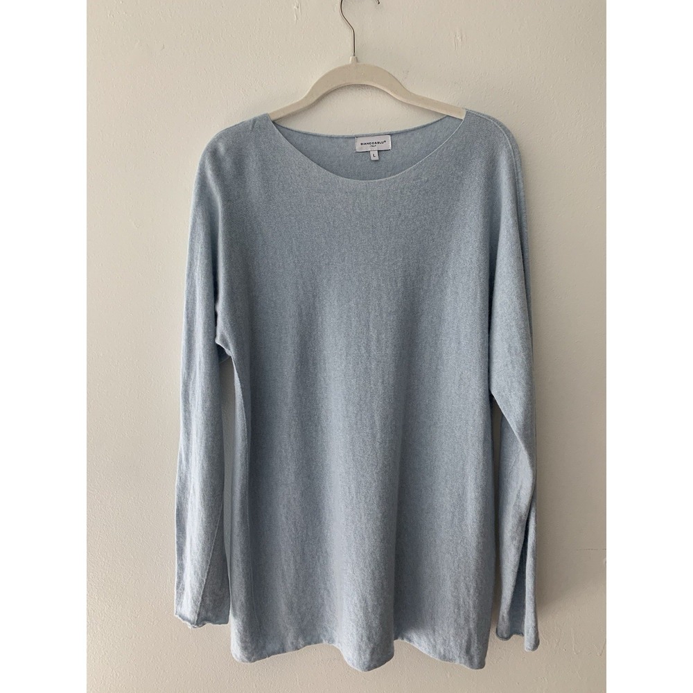 Bianco & Blu Italy Light Blue Sweater L Round Neck Roll Hem Quiet Luxury Coastal